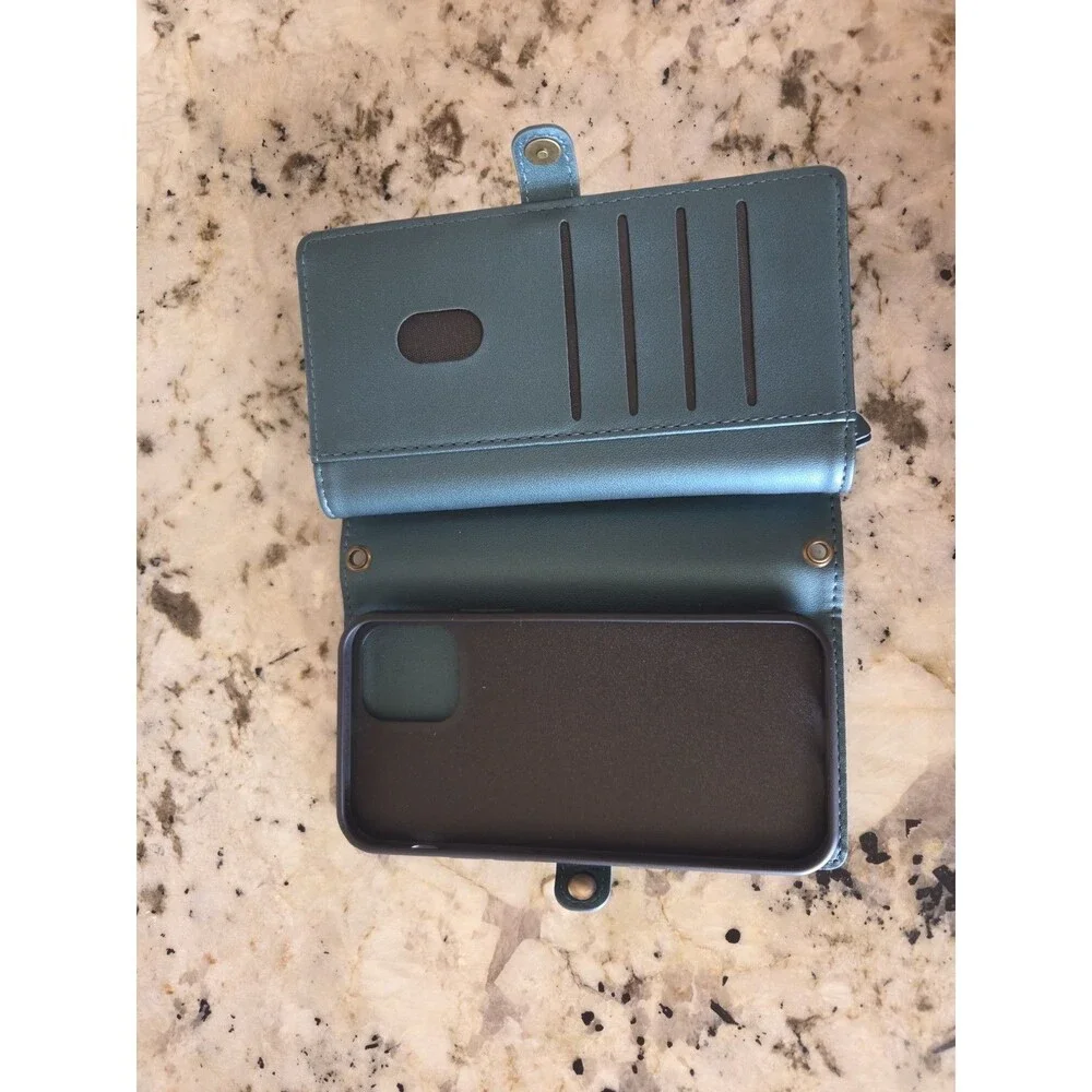 Green Synthetic Leather Wallet Case for iPhone 12 with Strap, Card Pocket